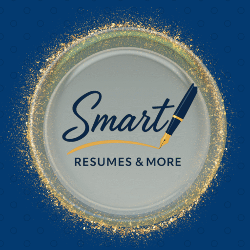 Company Logo- Gold circle with Smart Resumes & More in the middle and pen drawing a gold line under the word Smart